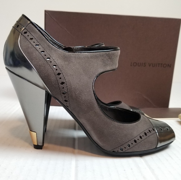 LOUIS VUITTON Gray Suede Maryjane Heels - Picture 1 of 16